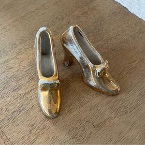 Vintage MCM Miniature Porcelain Gold High Heel Shoe Figurines